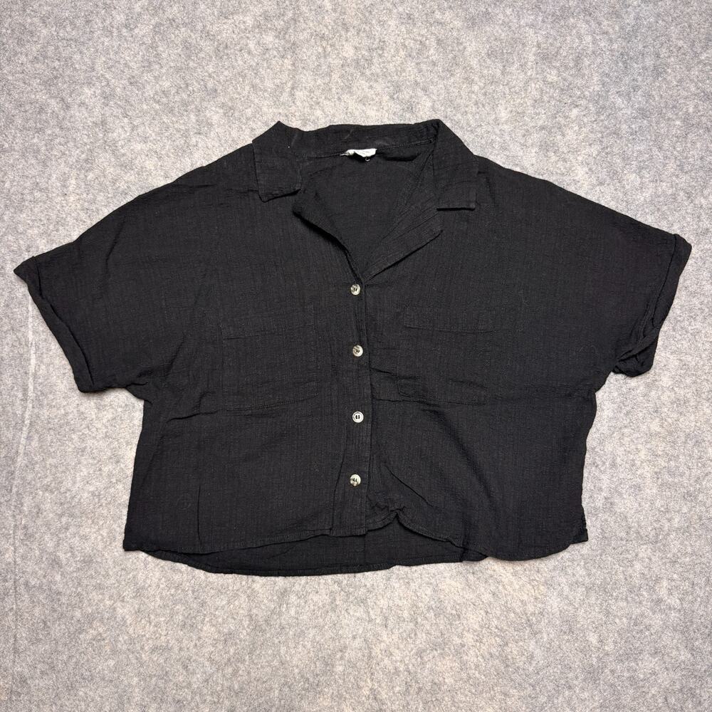 Cotton On Black Cotton Gauze Shirt Button Cropped Short Sleeve Women's Medium